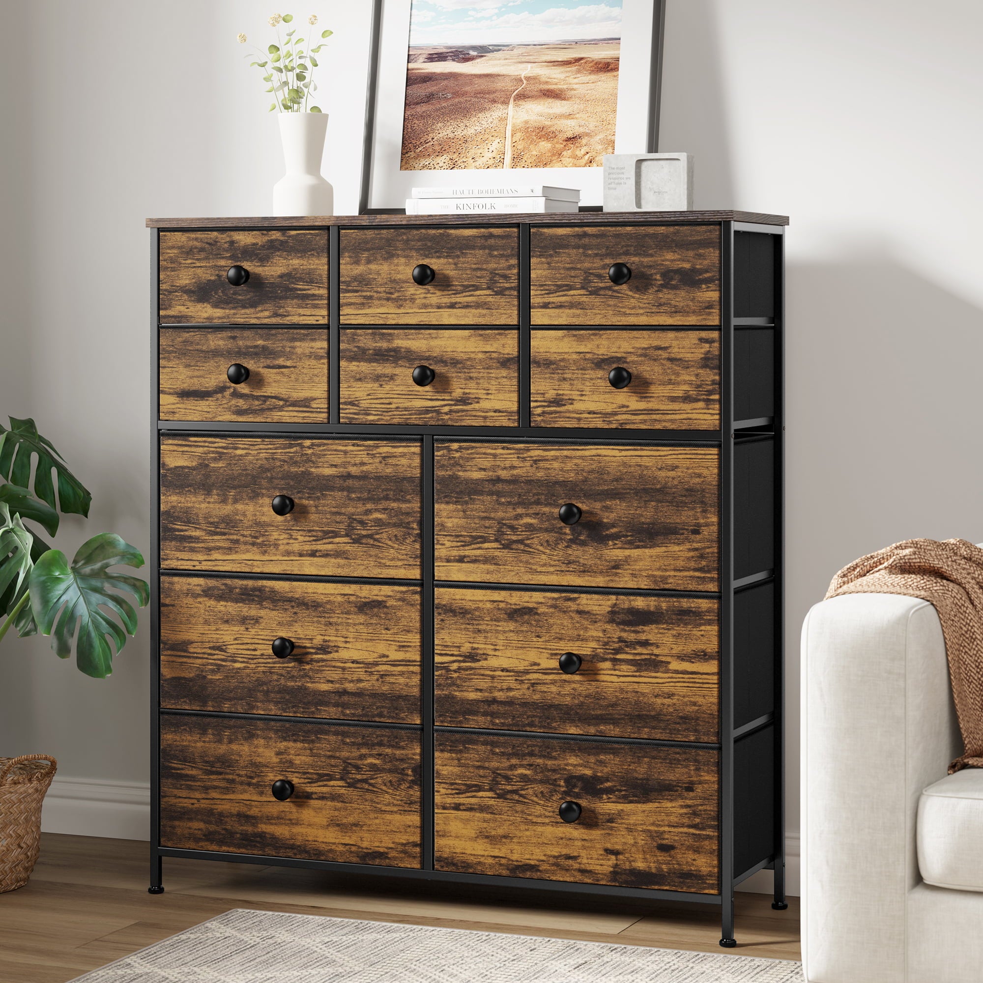 REAHOME Tall Dresser for Bedroom with 12 Drawer Vertical Dresser of Fabric Storage Units Organizer for Closet Living Room Hallway Nursery Rustic Brown