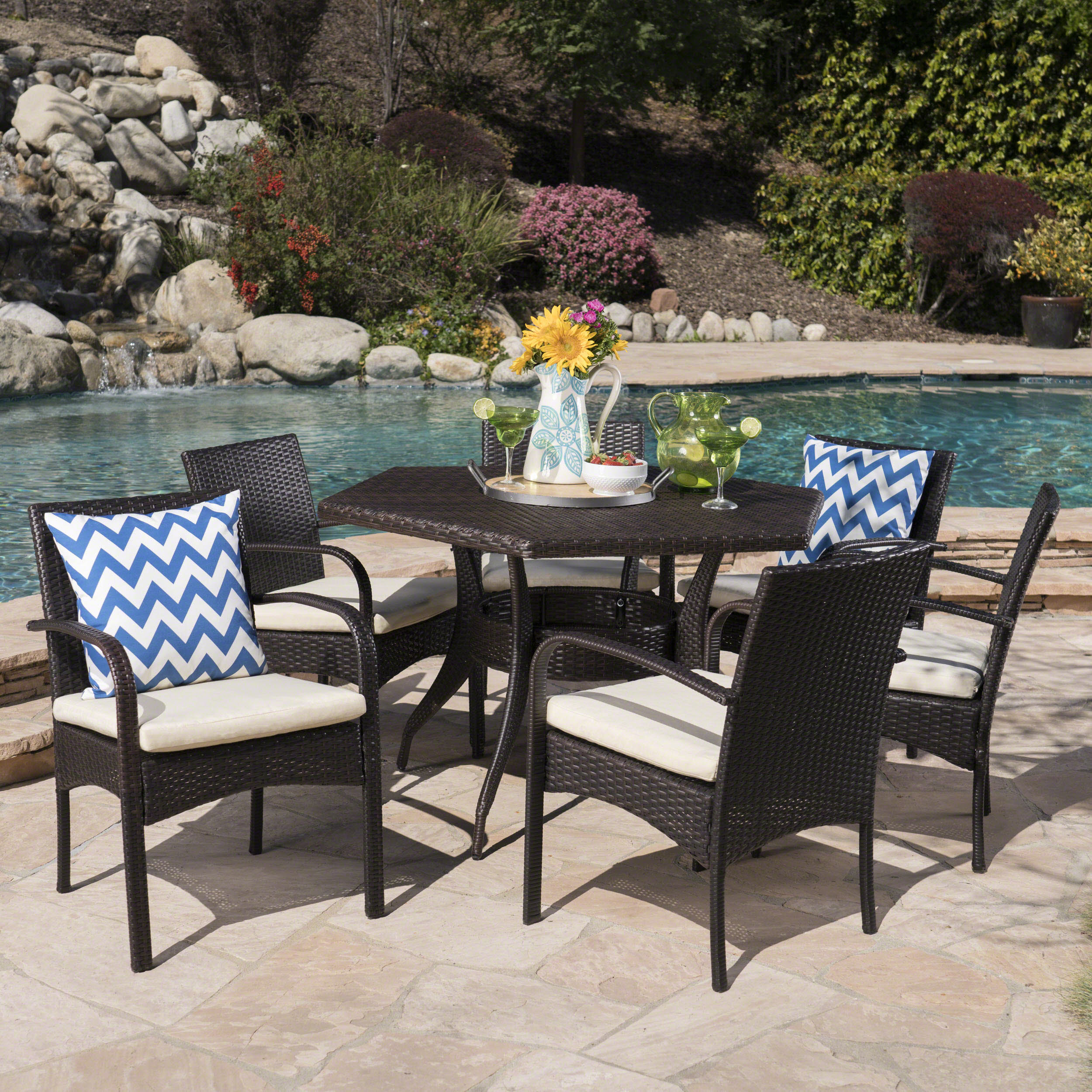 Jasmine Outdoor 7 Piece Wicker Hexagon Dining Set with Water Resistant Chairs