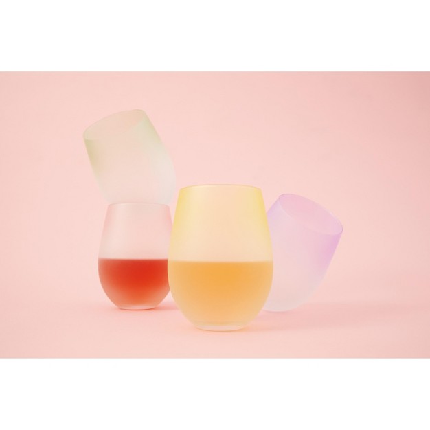 Blush Frosted Ombre Stemless Wine Glasses In Pink Purple Yellow And Green Colorful 12 Oz Set Of 4