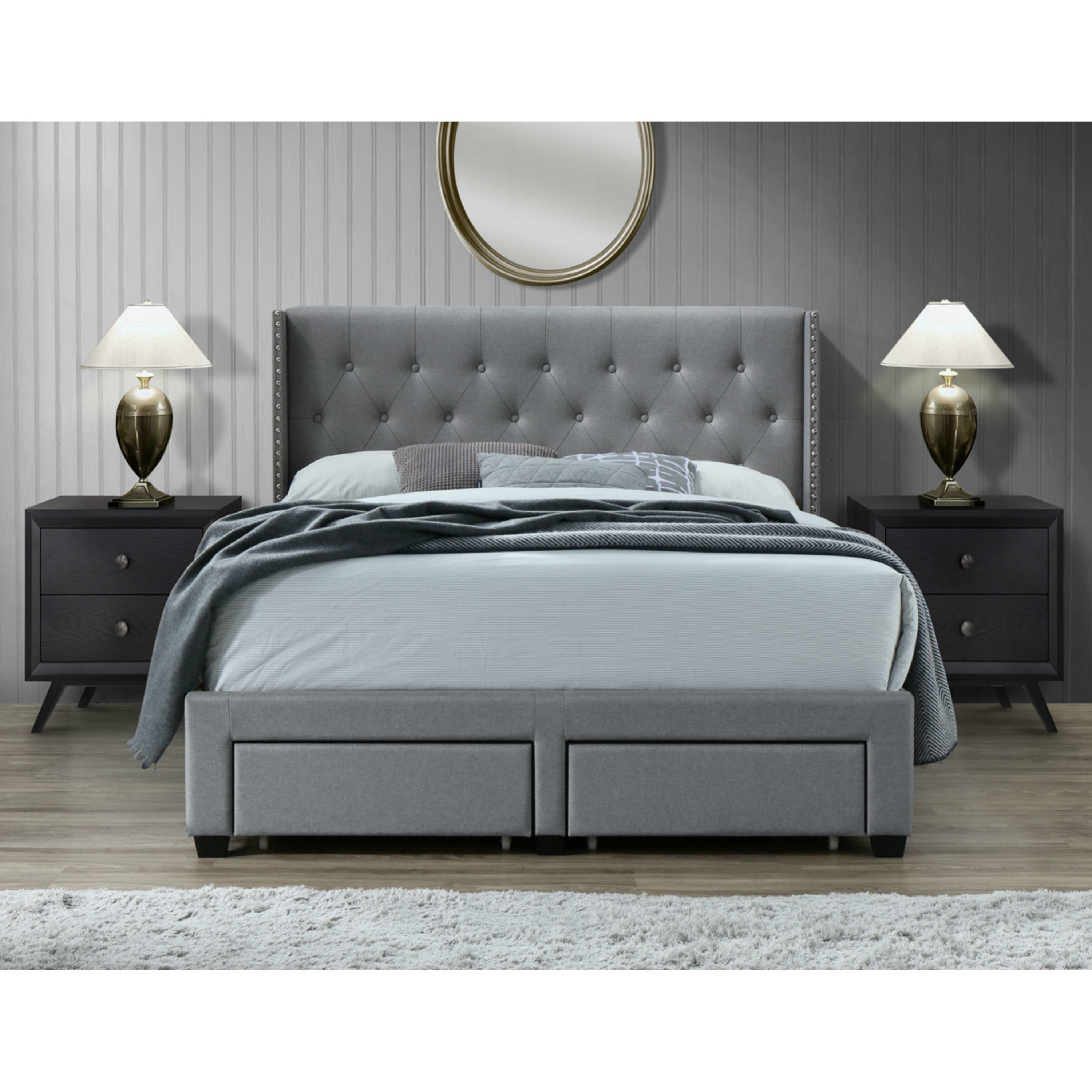 DG Casa Bardy Diamond Tufted Upholstered Panel Bed Frame with Storage Drawers and Nailhead Trim Wingback Headboard, Queen Size in Grey Fabric