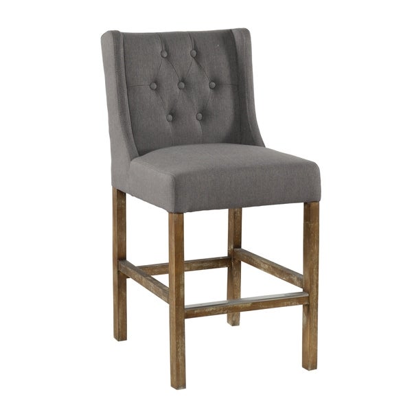 Wooden Counter Height Stool with Fabric Padded Seat and Tufted Wing Back， Gray and Brown