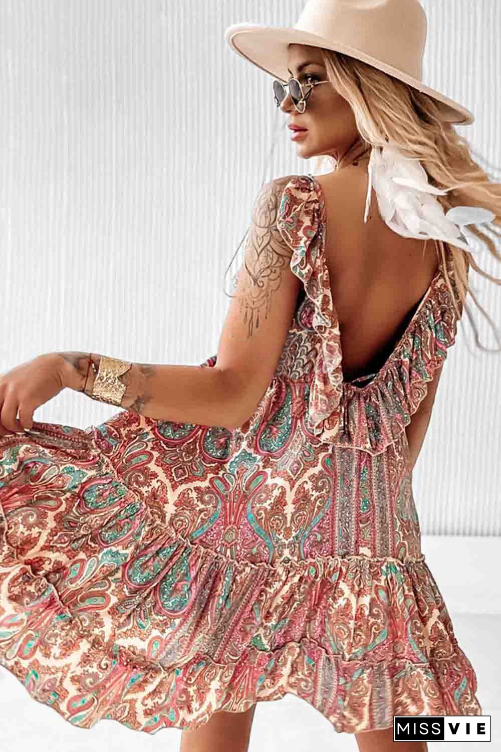 Brown Paisley Print Sleeveless V-Neck Tassel Tie Ruffle Dress