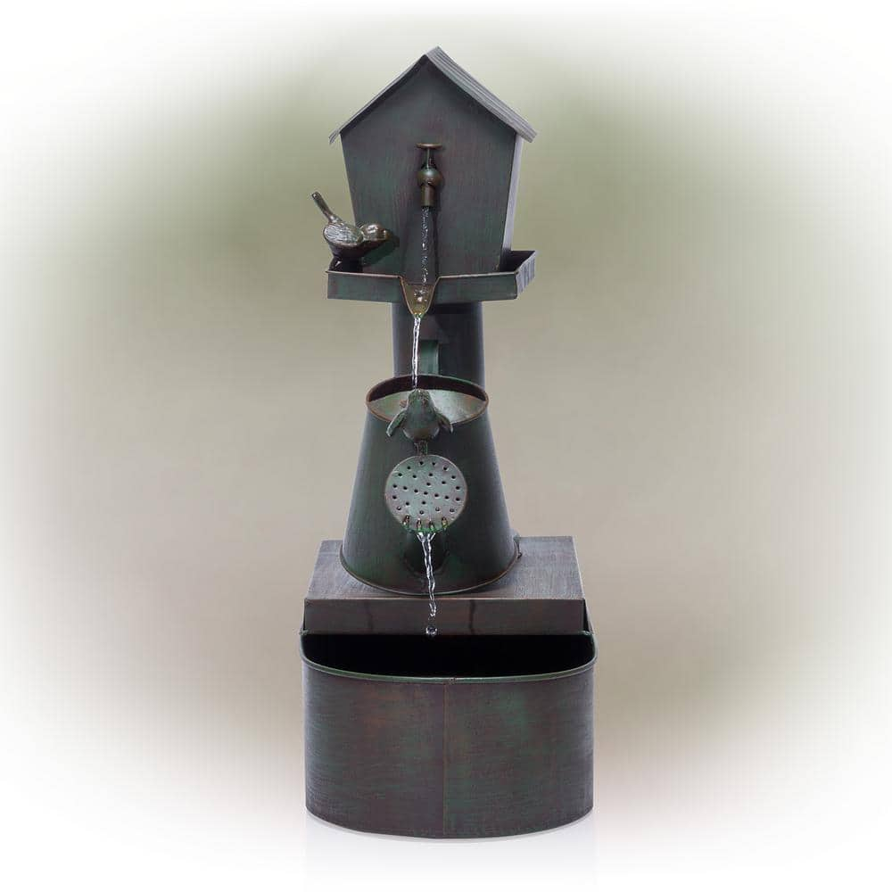 Alpine Corporation 24 in. Tall Indoor/Outdoor Birdhouse and Watering Can Floor Water Fountain MAZ260