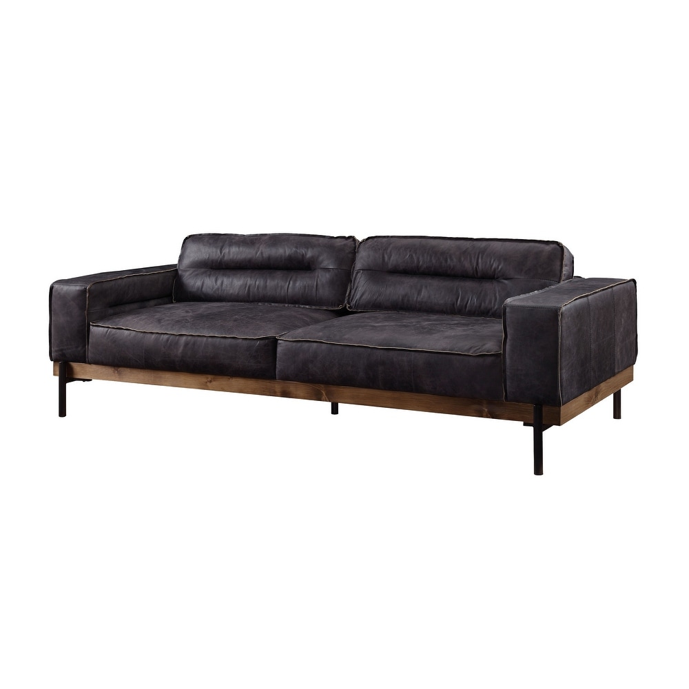 Contemporary Leatherette Sofa with Track Arms and Wooden Trim Base  Gray