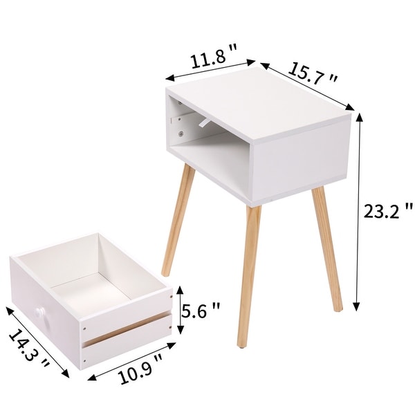 Modern Wood Nightstand /End Table with 1 Storage Drawer and 4 Solid Pinewood Legs，Set of 2