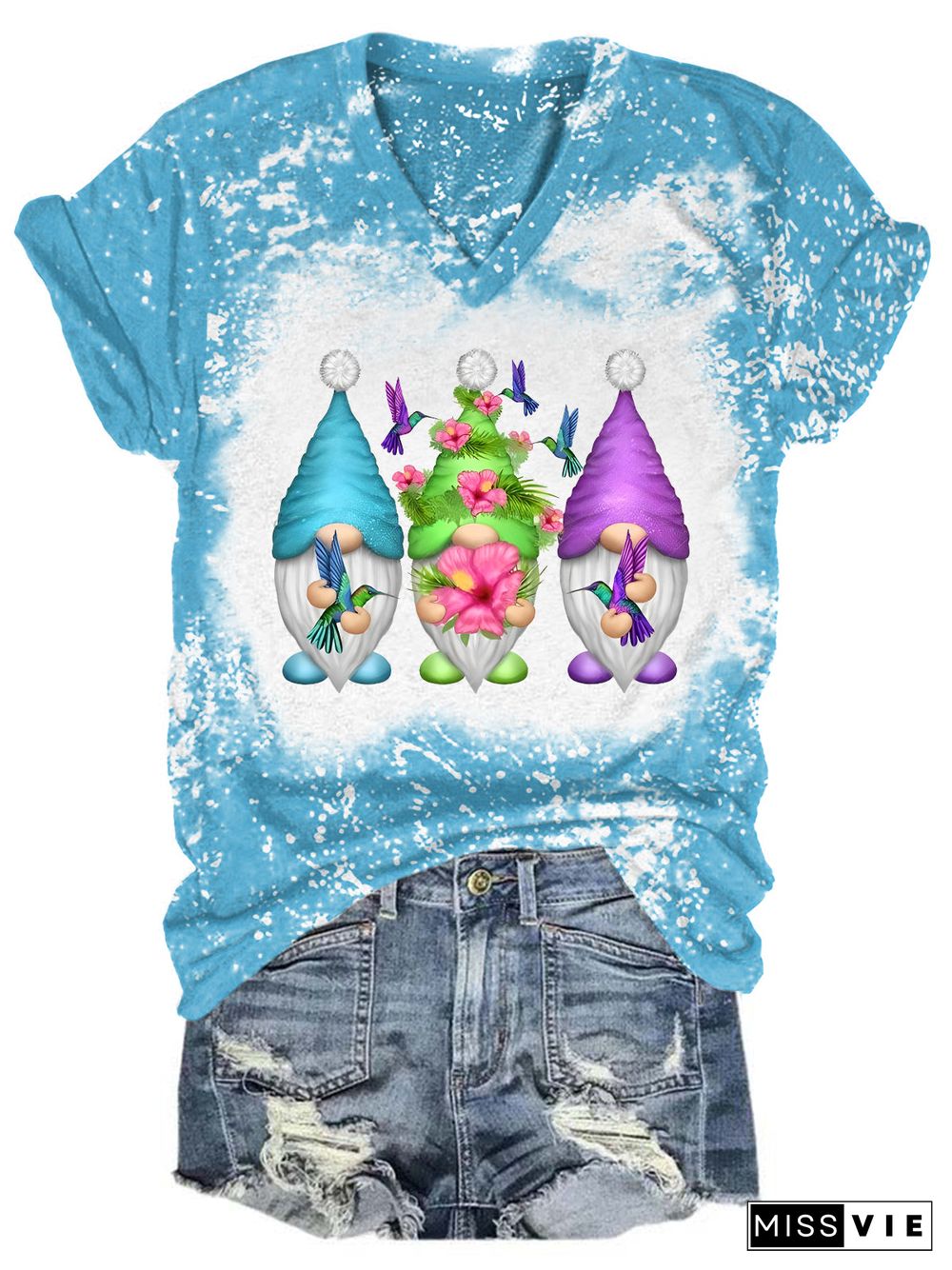 Hummingbird Gnomes Tie Dye V Neck T-shirt