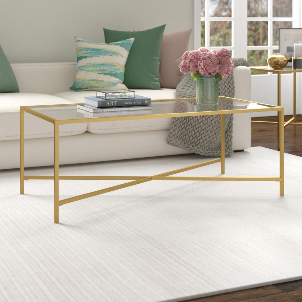 Henley 48  x27 x27Wide Rectangular Coffee Table with Glass Top in Brass   Contemporary   Coffee Tables   by BisonOffice  Houzz