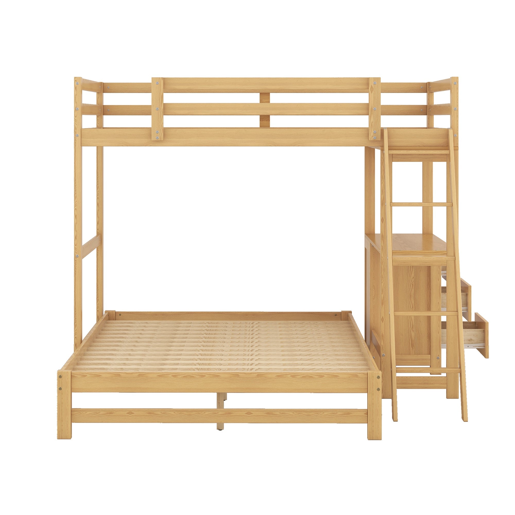 EUROCO Twin over Full Bunk Bed with Desk and Drawers for Kids, Natural