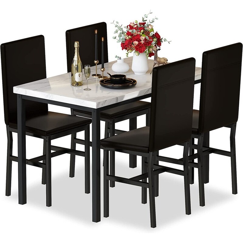 Mieres 5 Pieces Faux Marble Dining Table Set with 4 Upholstered PU Leather Chairs