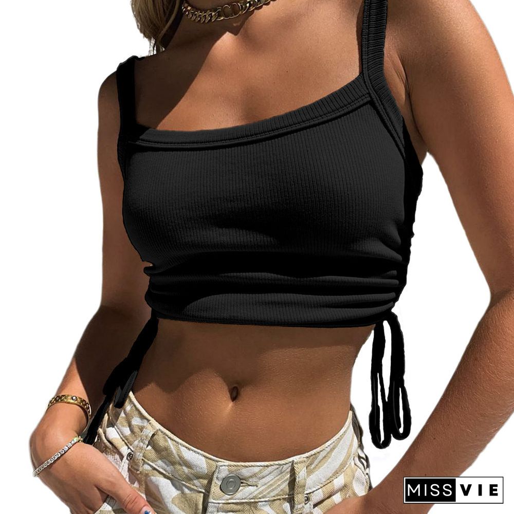 Spaghetti Strap U Neck Side Drawstring Crop Cami Top