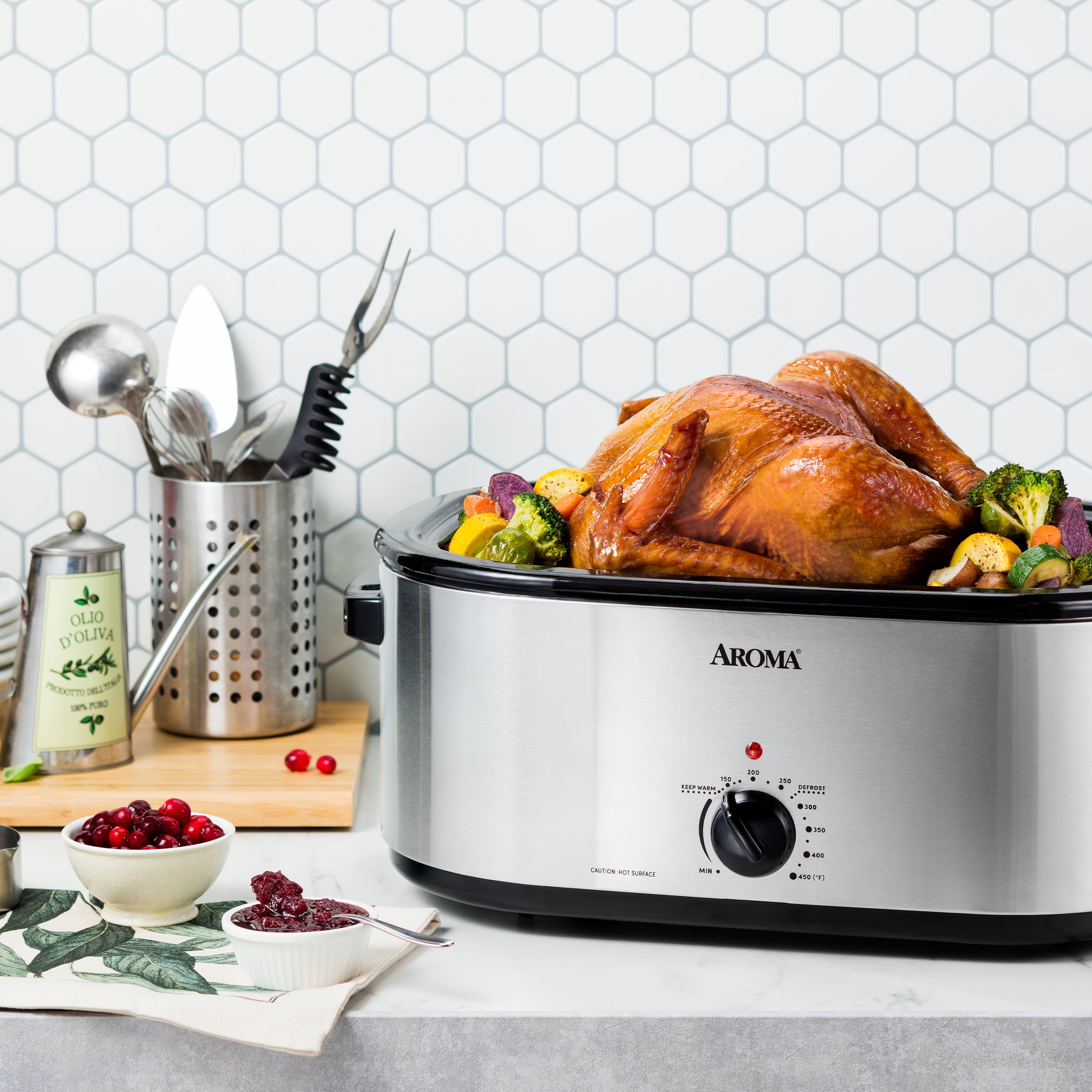 Aroma 22 Quart Electric Roaster Oven Stainless Steel with Self-Basting Lid, ART-712SB