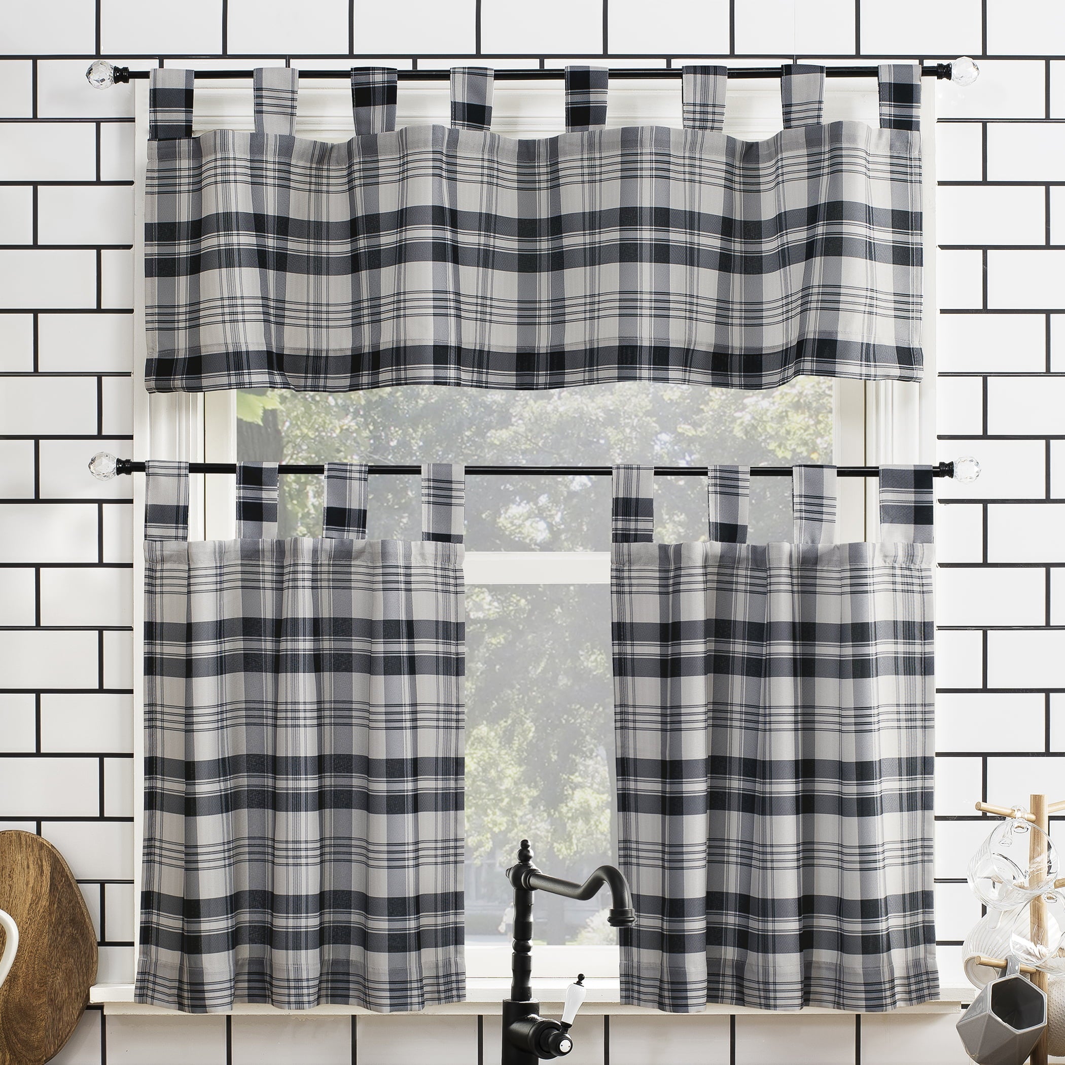 No. 918 Blair Farmhouse Plaid Semi-Sheer Tab Top Kitchen Curtains, 52x36, Coal