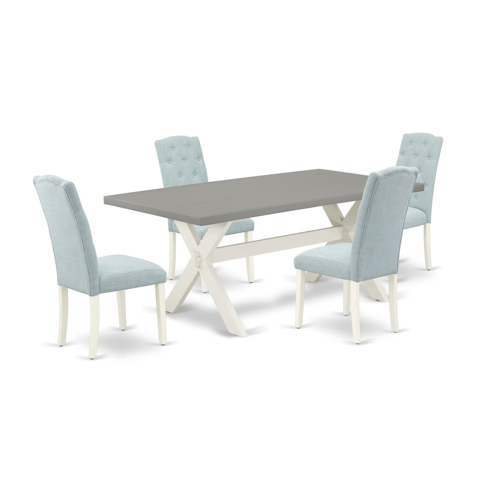 East West Furniture Dining Table Set  a Dining Table and Baby Blue Linen Fabric Upholstered Chairs  Linen White(Pieces Options)