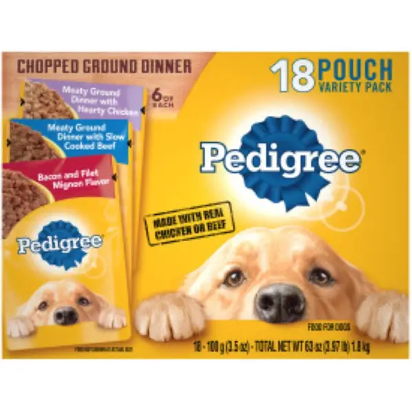 Pedigree 18-Count 3.5oz Chopped Ground Bacon and Filet Mignon Dinner Pouches