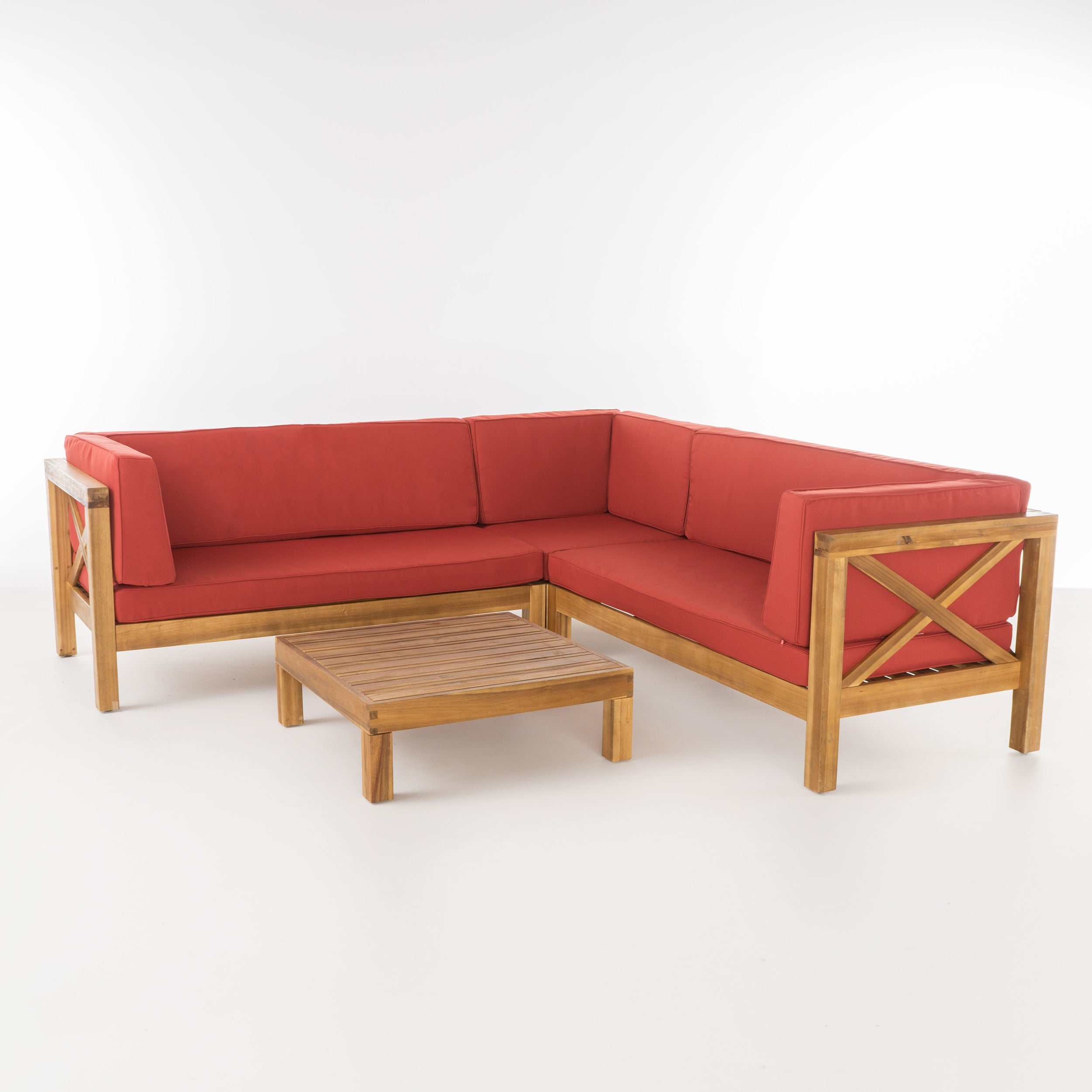 Brava Outdoor 4 Piece V-Shaped Acacia Wood Sectional Sofa and Coffee Table Set