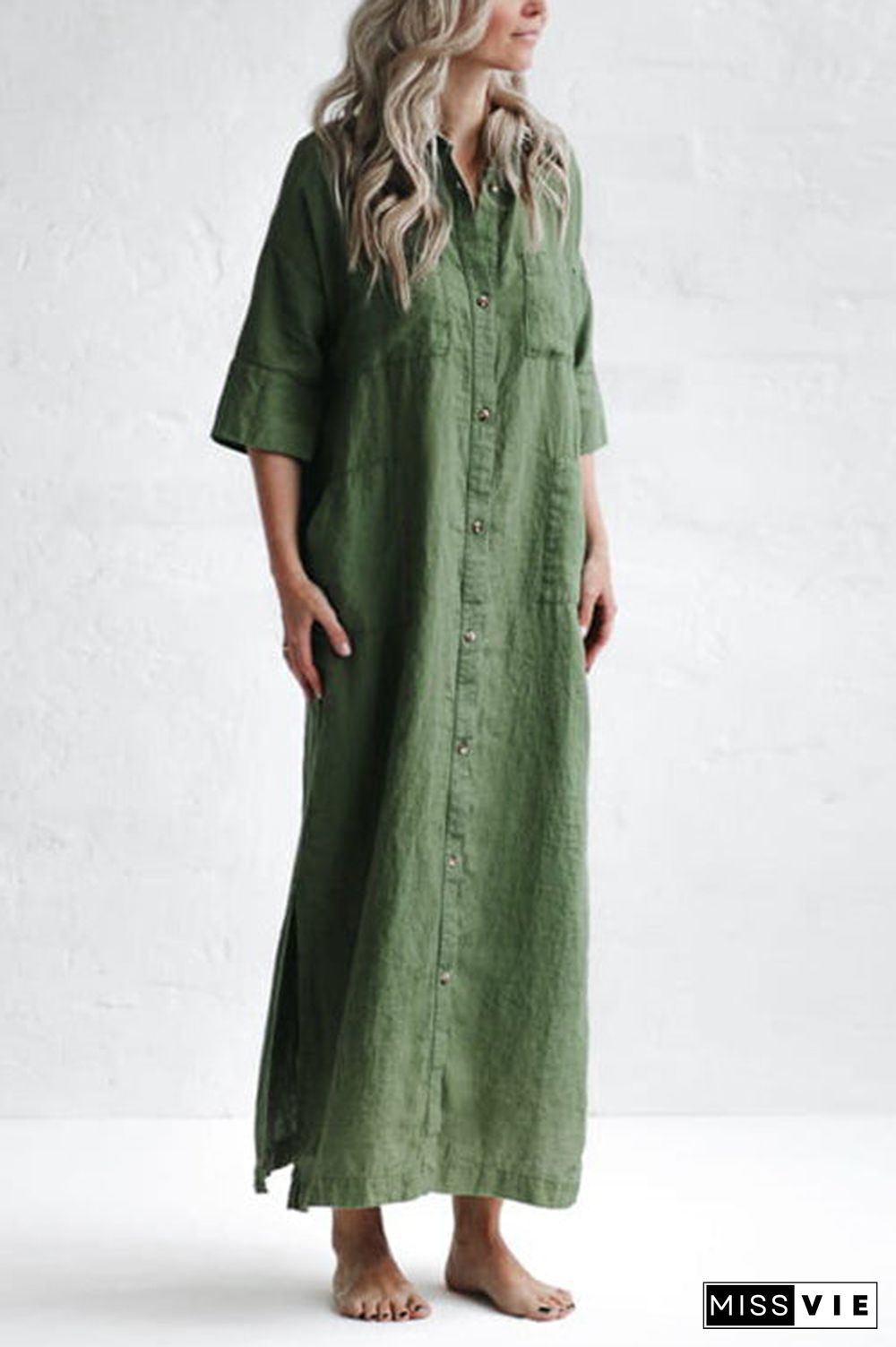 Linen Button Pockets Shirt Maxi Dress