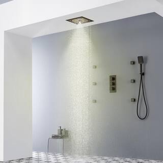 Mondawe Luxury Thermostatic LED 4-Spray Patterns 12 in. Flush Ceiling Mount Rainfall Dual Shower Heads with 6-Jets in Black WF6708-12MB