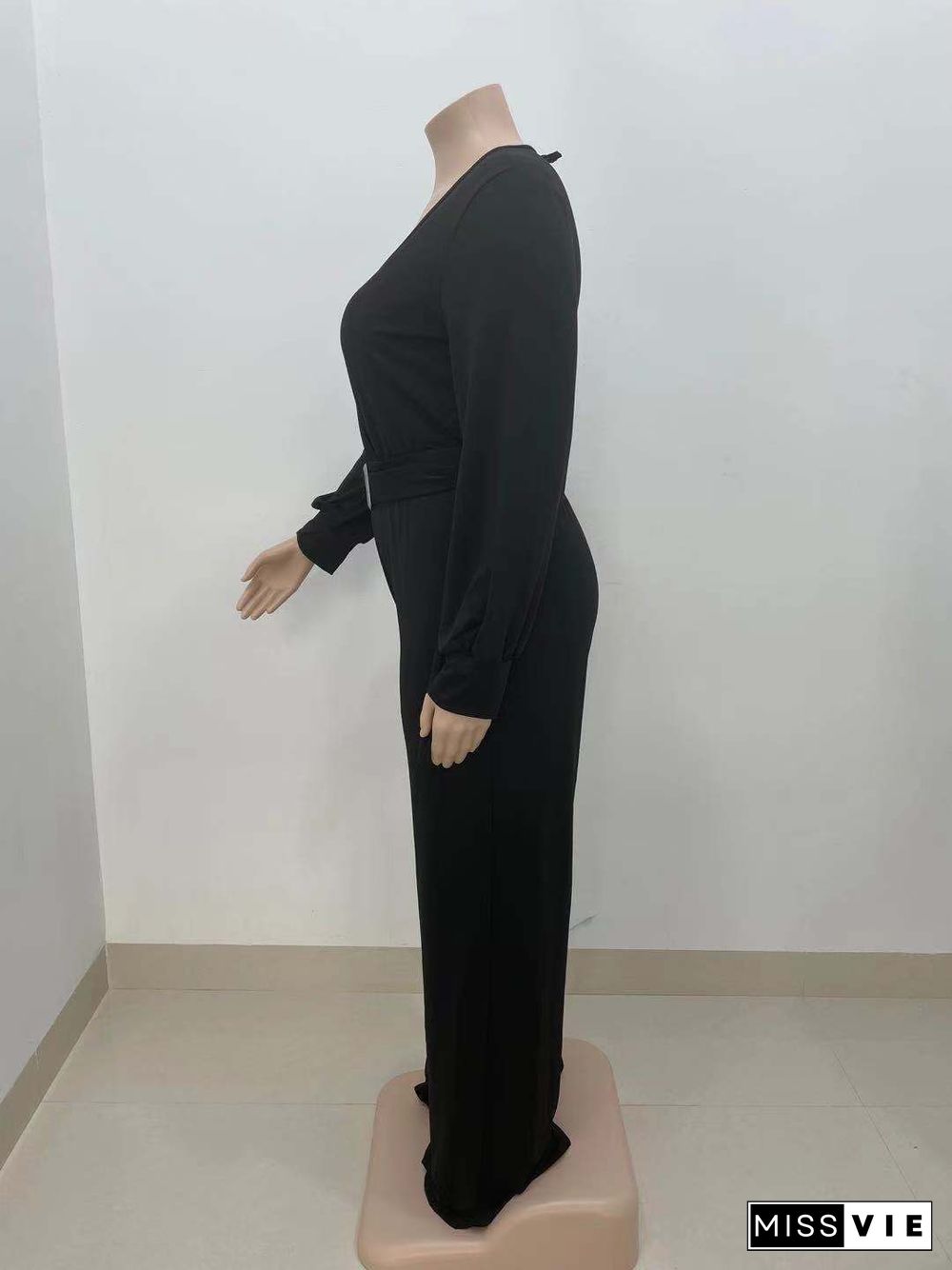 Long Sleeve V-neck Plus Size Wide Leg Jumpsuit