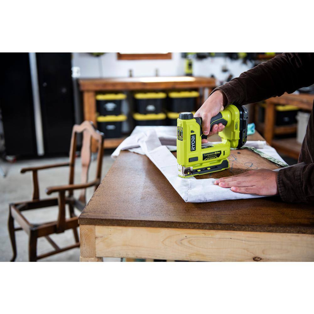 RYOBI ONE+ 18V 18-Gauge Cordless AirStrike Brad Nailer with Cordless Compression Drive 38 in. Crown Stapler (Tools Only) P321-P317