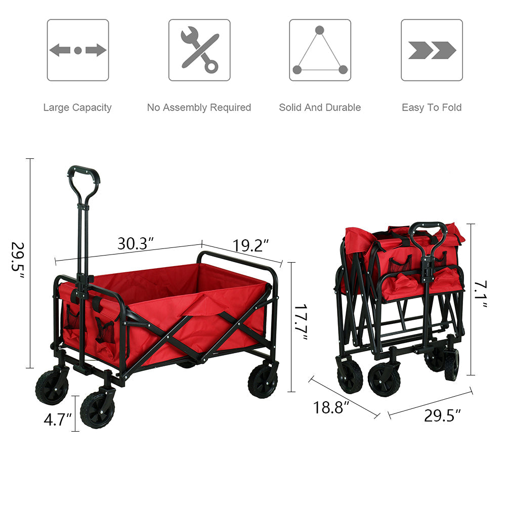 Outdoor Folding Camping Cart,  Collapsible Wagon with Universal 360° All-Terrain Wheels for Picnic and Beach Camping, Red, 30.3"L x19.2"W x29.5"H