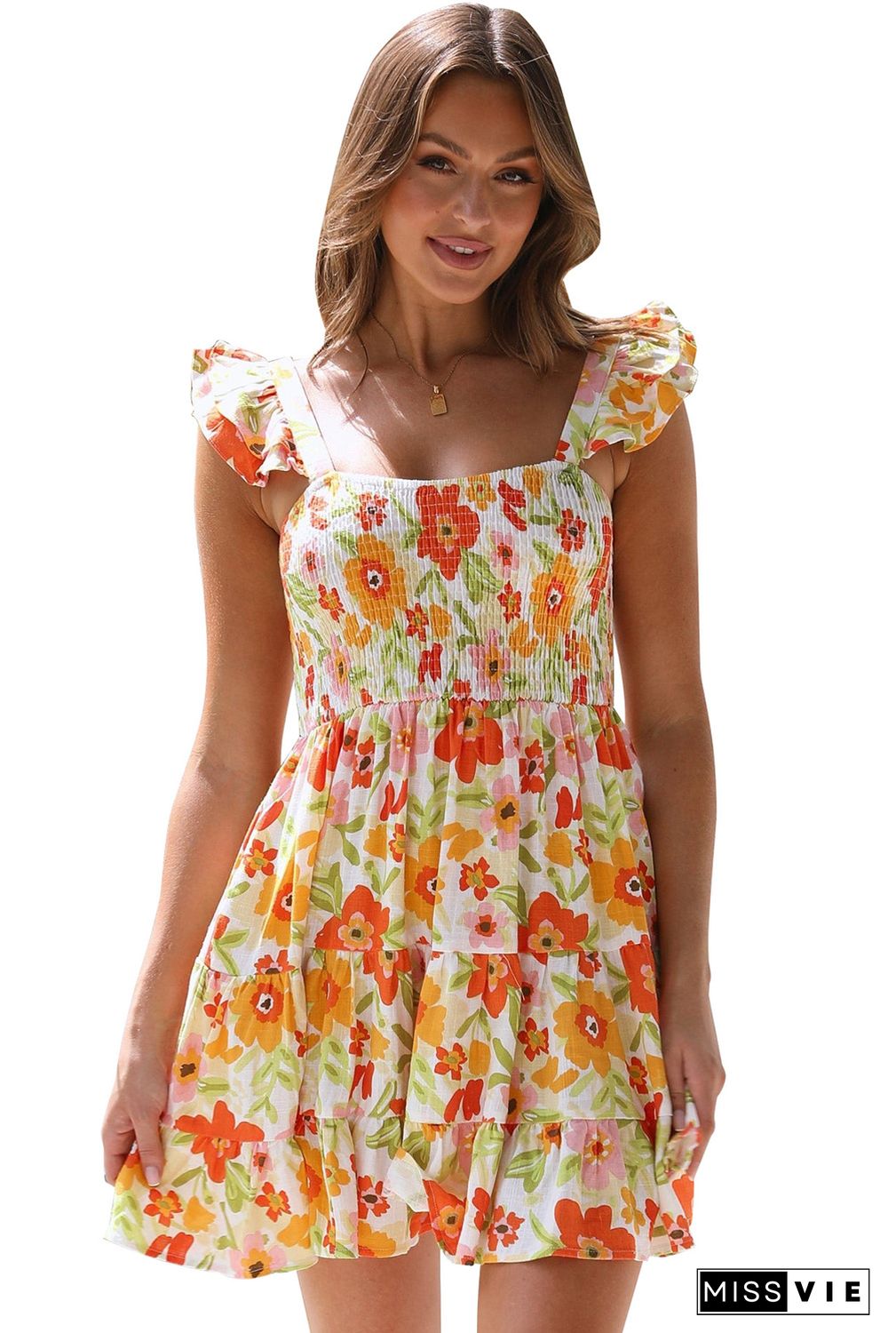 Multicolor Ruffled Shirred Sleeveless High Rise Floral Mini Dress