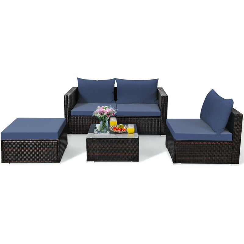 Canada Only - 5 Pcs Rattan Patio Sectional Furniture Set with Cushions & Coffee Table