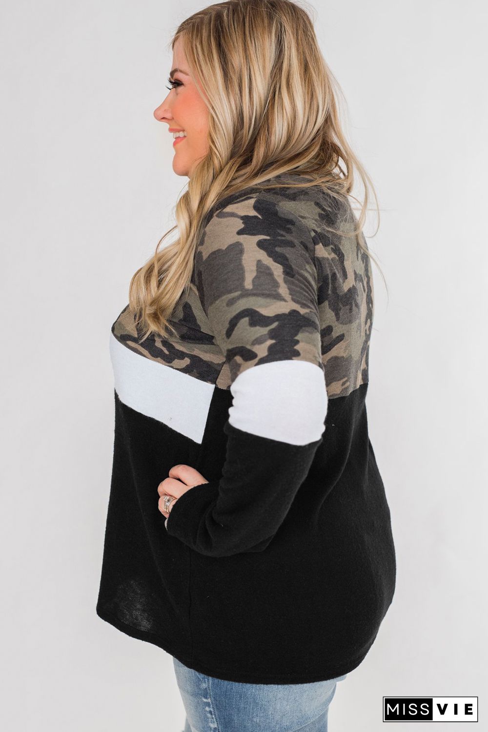 Plus Size Quarter Zip Camo Color Block Sweatshirt