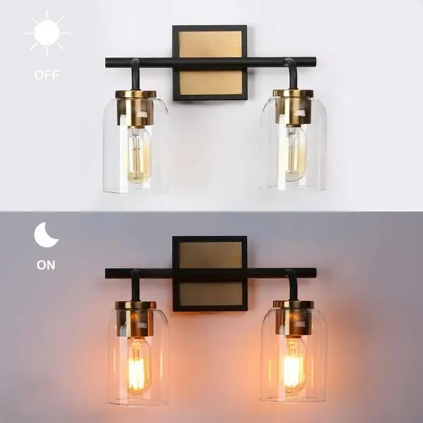 Modern Farmhouse Bathroom Vanity Light Black Gold Cylinder Glass Wall Sconce