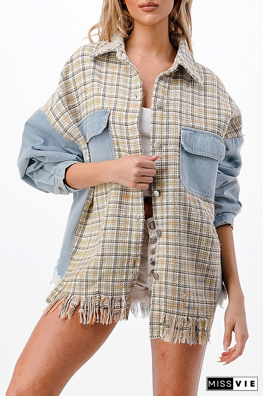 Lt Blue Ripped Denim Splicing Knit Plaid Pocketed Oversized Jackets