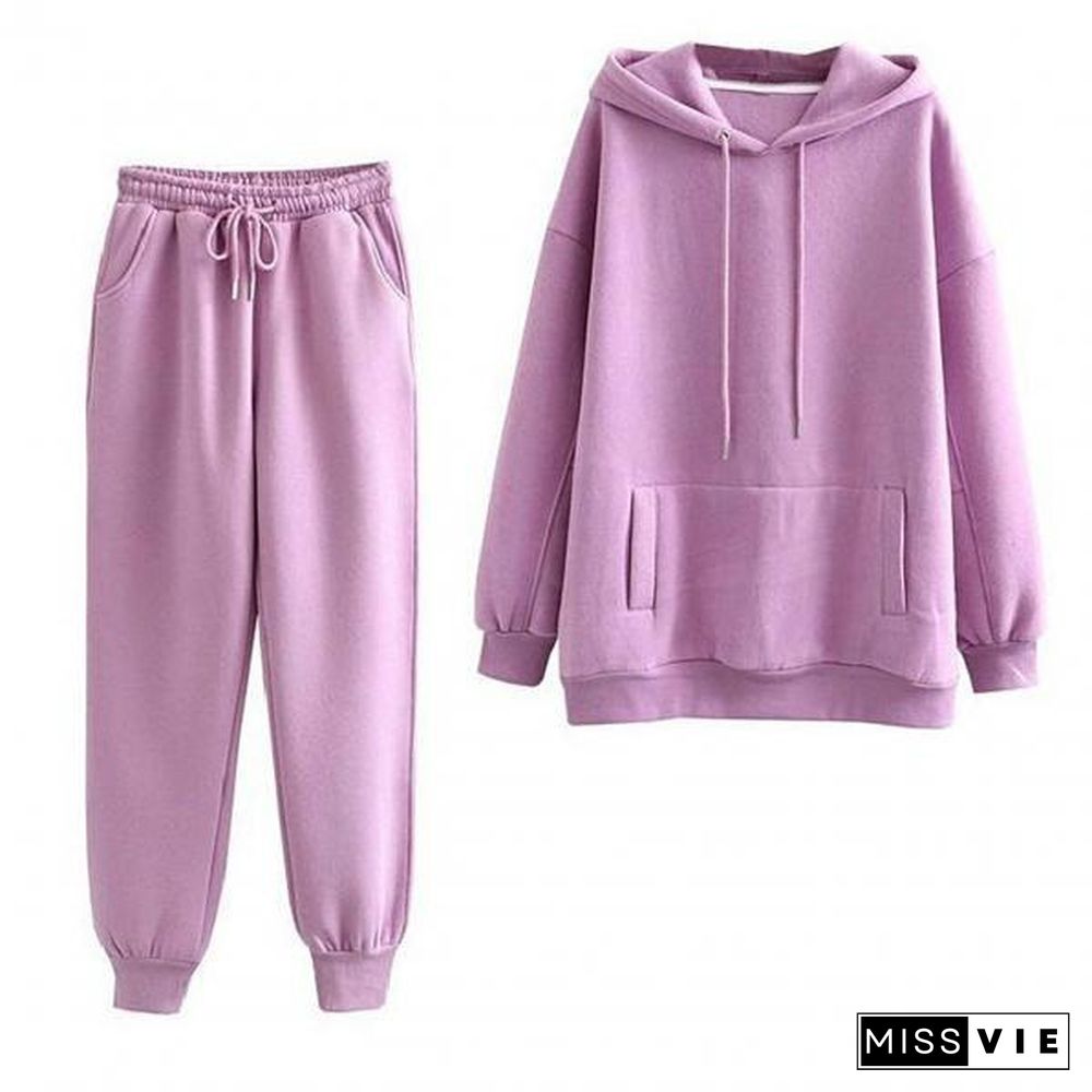 Sweatshirt Pants Set Hooded Cold Resistant Drawstring Pockets Women Outfit For Office