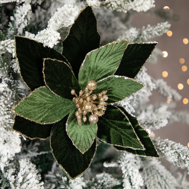 Green Glittered Poinsettia Christmas Stem Spray