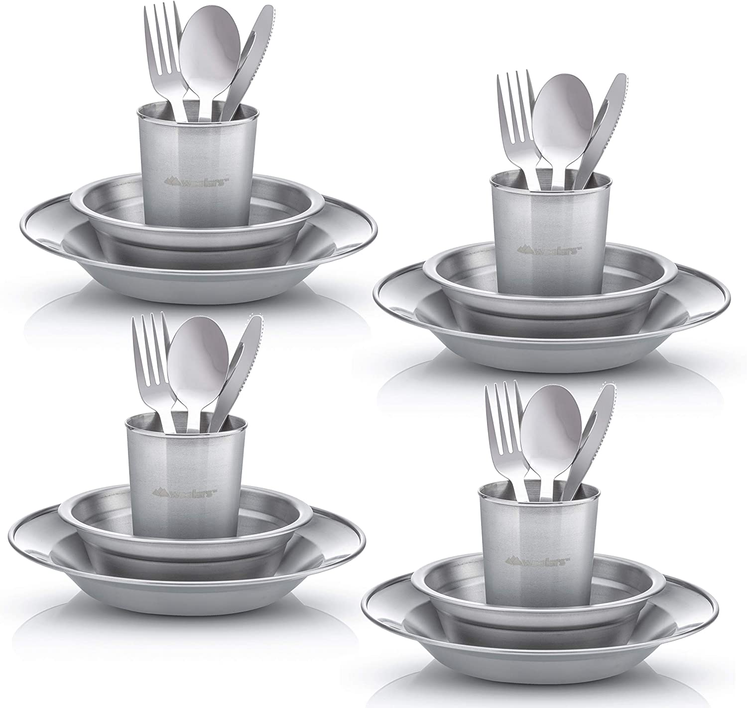 Wealers Unique Complete Messware Kit Polished Stainless Steel Dishes Set| Tableware| Dinnerware| Camping| Buffet| Includes - Cups | Plates| Bowls| Cutlery| Comes in Mesh Bags (4 Person Set)