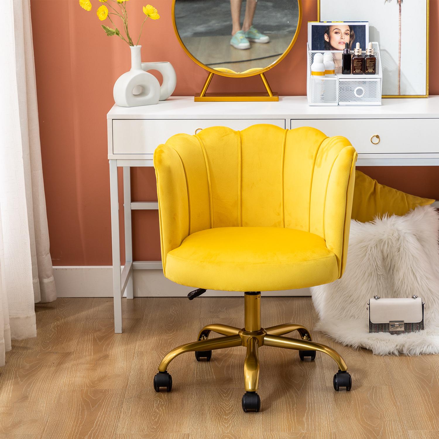 Office Task Chair， Comfortable Velvet Desk Chair Upholstered Swivel Rolling Vanity Chair Height Adjustable for Makeup Room， Living Room， Bedroom， Yellow