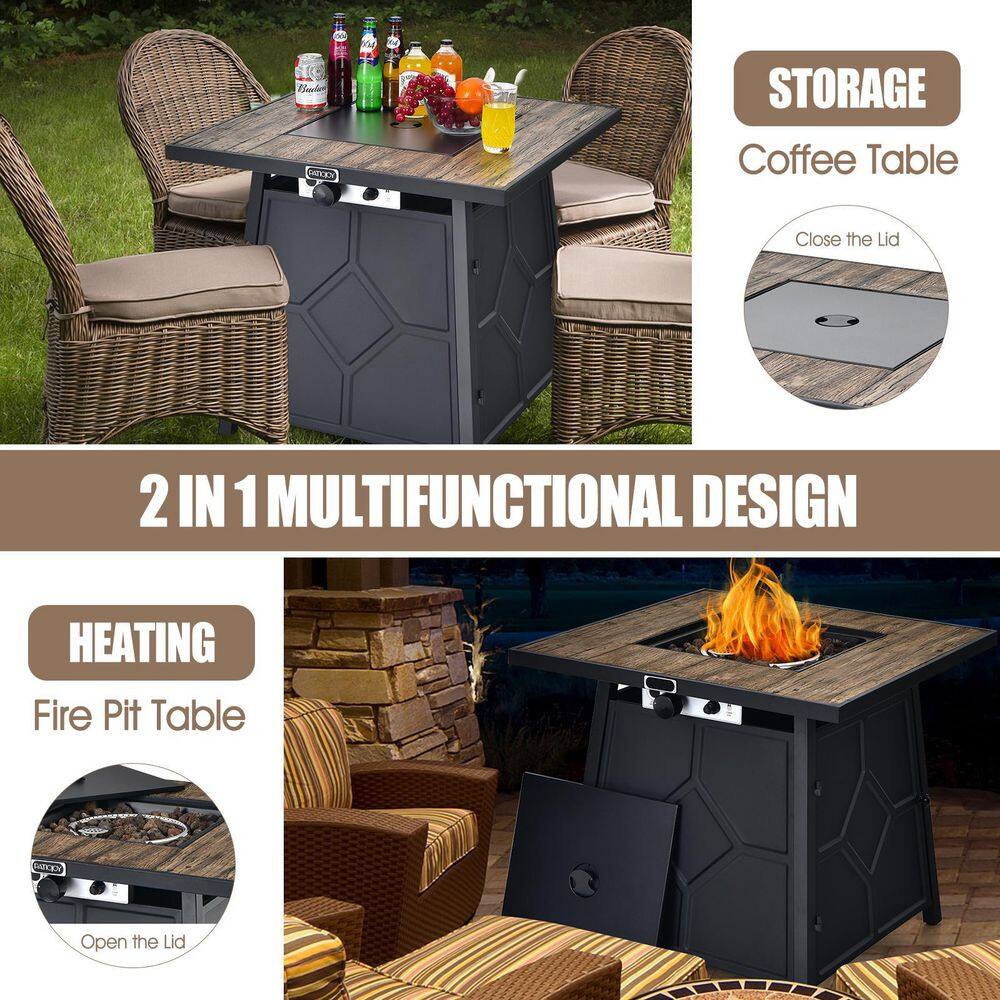 HONEY JOY Square Metal 28 in. Propane Outdoor Fire Pit Table Gas Fire Table with Removable Lid Lava Stone TOPB005963