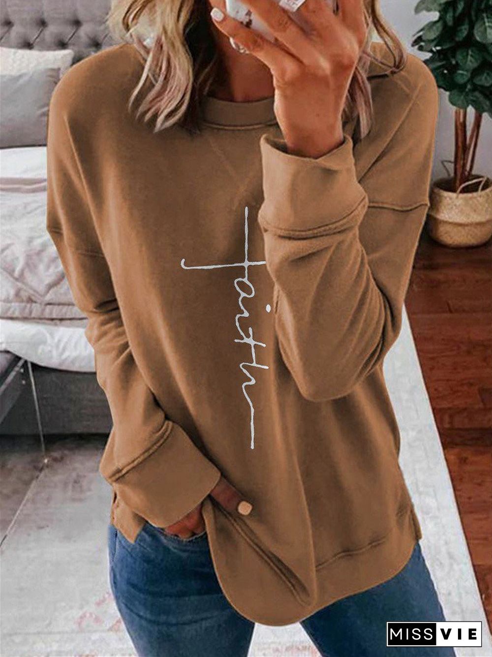 Women'S T-Shirts Casual Printed Round Neck Long Sleeve T-Shirt