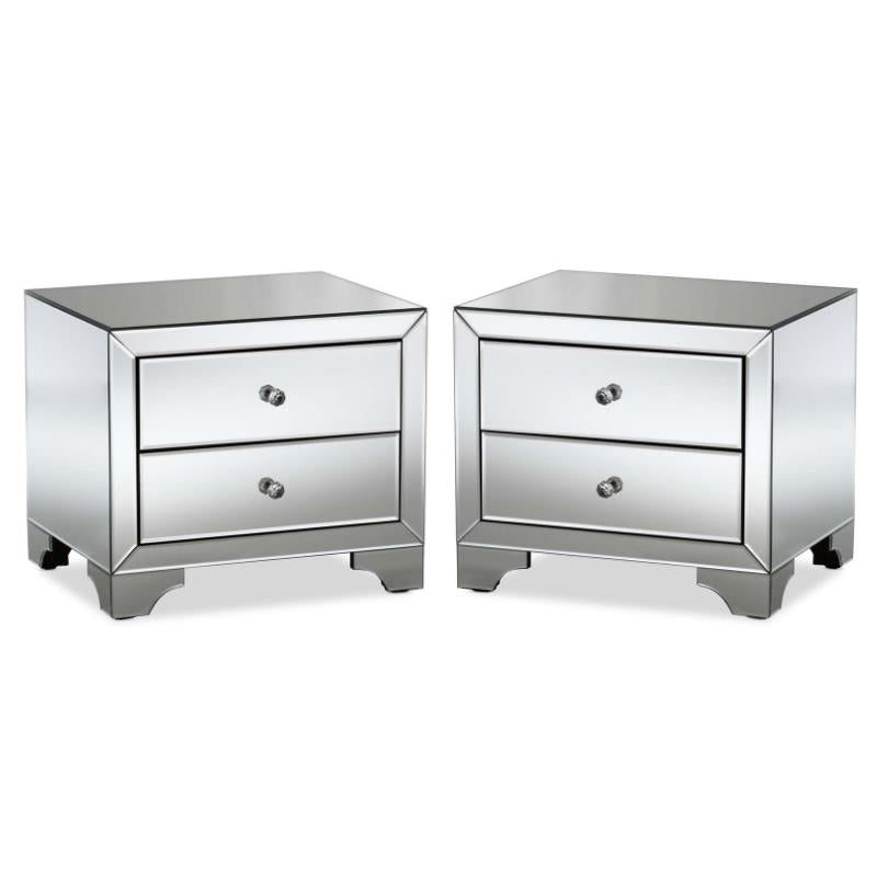 Home Square 2 Drawer Nightstand Set in Mirrored Silver Gray (Set of 2)