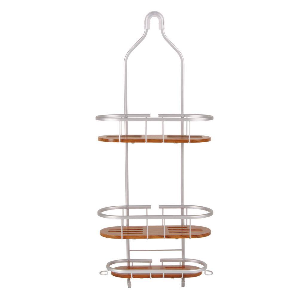 Utopia Alley Tia Over-the-Showerhead Caddy in Rustproof Satin Chrome Finish with 3 Teak Shelves SHC6TK