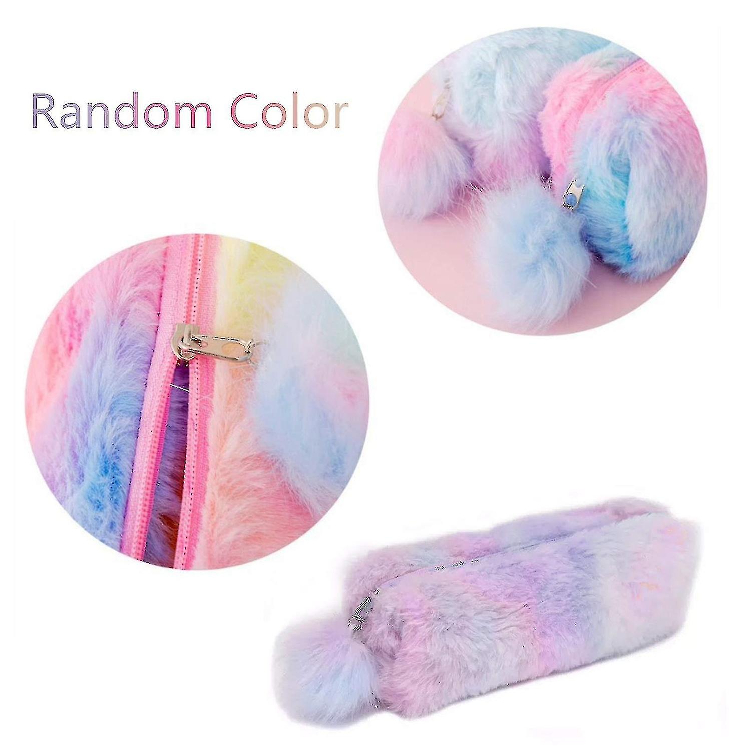 2pcs Plush Rainbow Pencil Case For Girls Fluffy Pencil Case Cute Rainbow Pencil Holder Soft Pencil C