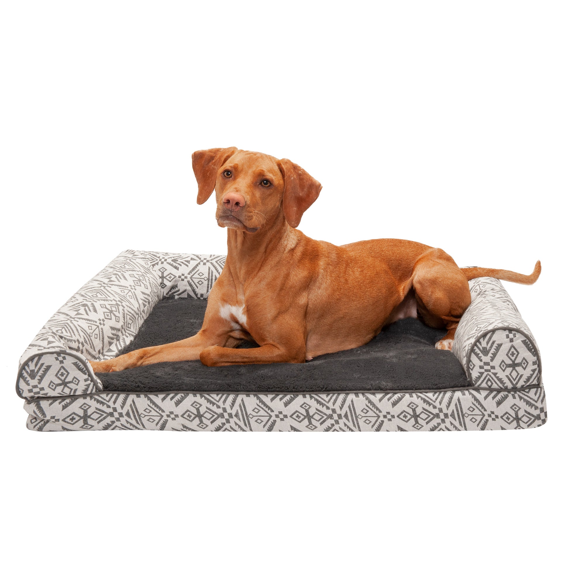 FurHaven Pet Products | Cooling Gel Memory Foam Orthopedic Southwest Kilim Sofa-Style Couch Pet Bed for Dogs and Cats， Boulder Gray， Large