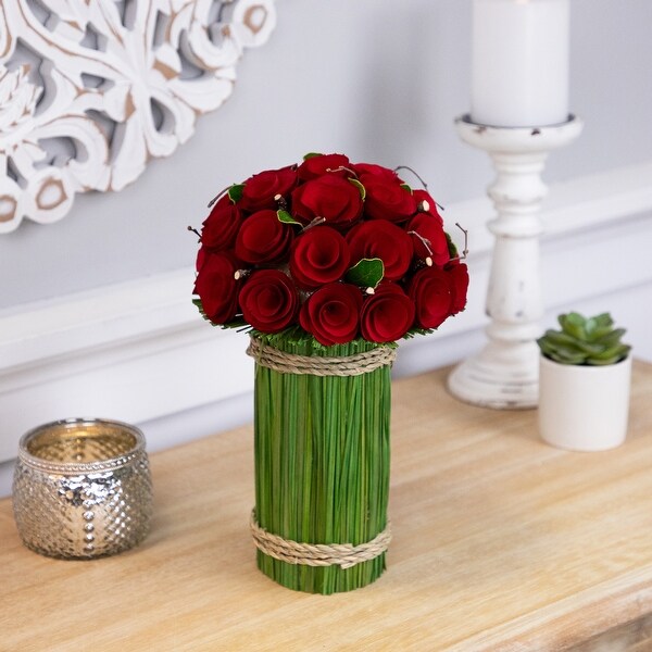 Wooden Roses and Grass Artificial Floral Bouquet Arrangement 11.5 Red