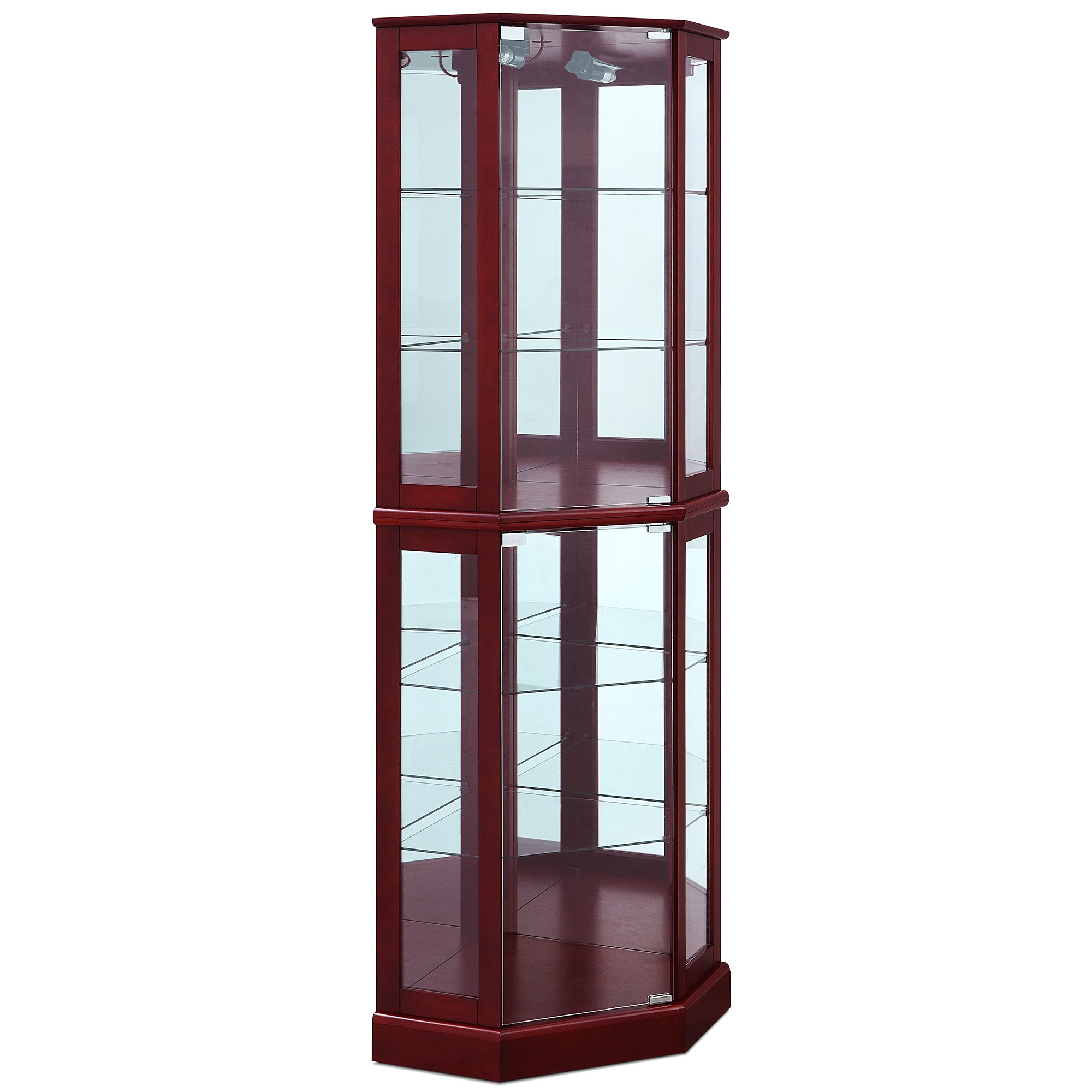 BELLEZE Ashfield Lighted Wood/Glass Curio Corner Cabinet Floor Standing， Cherry