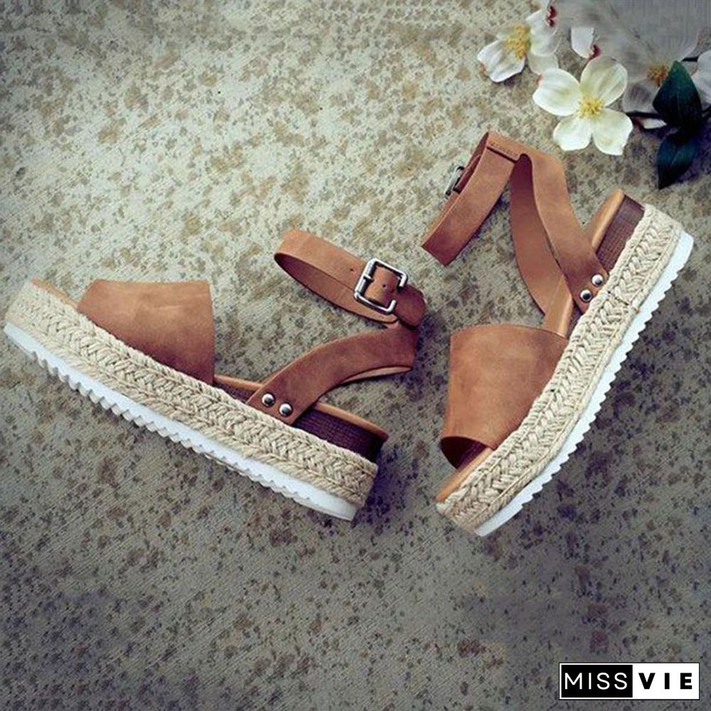 Linen Platform Buckle Ankle Strap Sandals