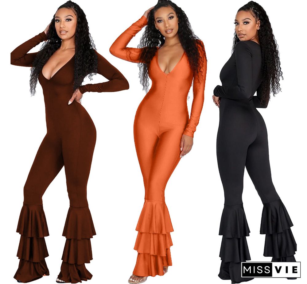 Solid Color Cascading Flounces Long Jumpsuit