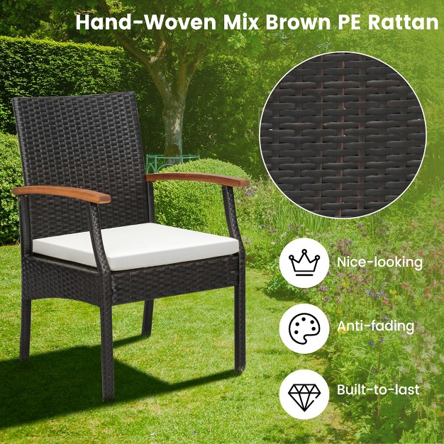 Costway 5pcs Patio Wicker Dining Set Cushion Acacia Wood Armchairs Table With Umbrella Hole