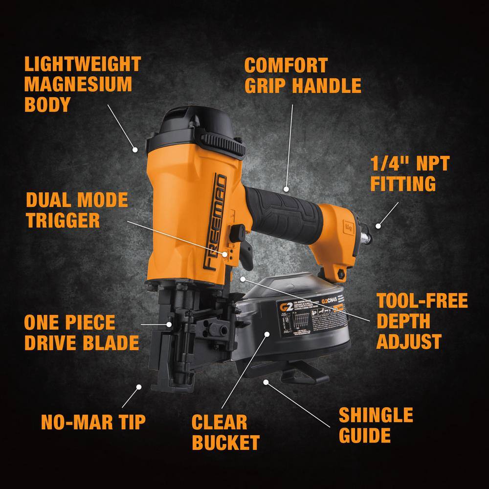 Freeman 2nd Generation Pneumatic 15 Degree 1-34 in. Coil Roofing Nailer with 14 in. NPT Air Connector G2CN45