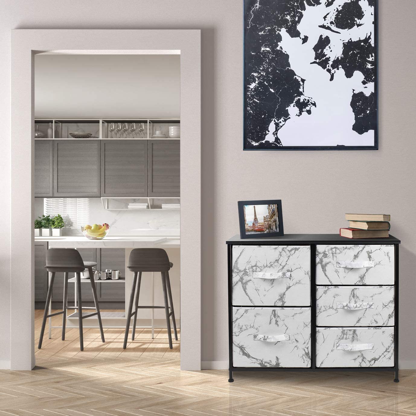 Sorbus Dresser with 5 Drawers- Black Frame, White Marble Drawers