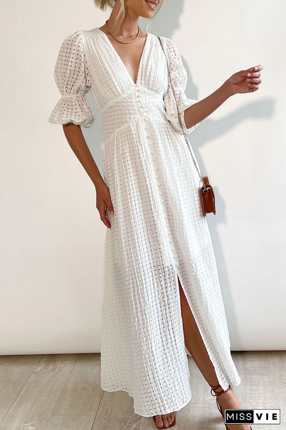 Eyelet Checked Button Up Long Split Dress