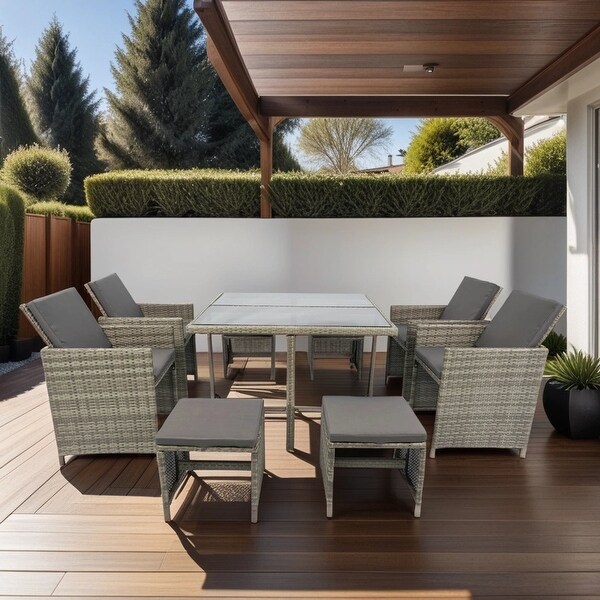 9Piece Gray Wicker Outdoor Dining Set with Cushions and Glass Table