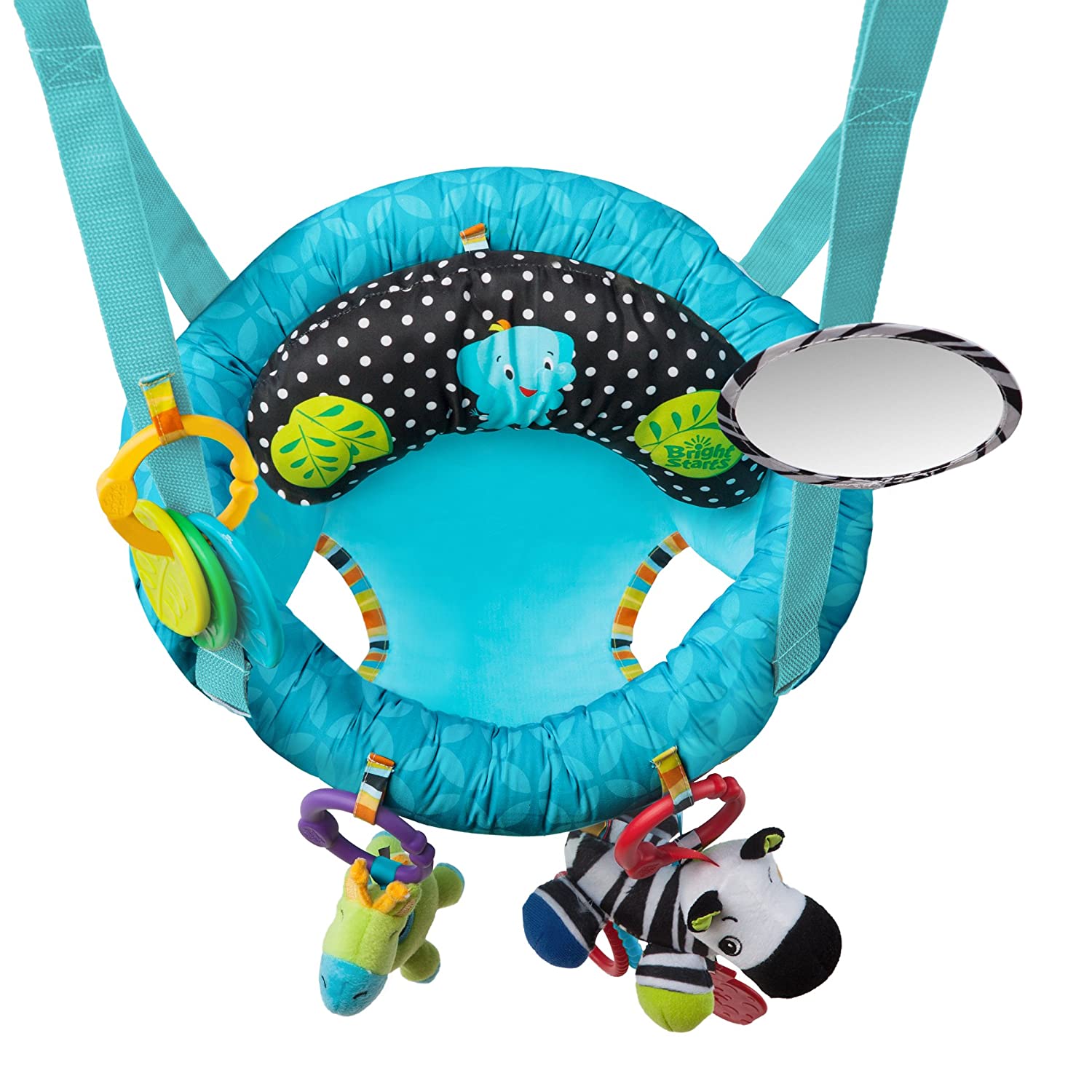 Bright Starts Bounce 'N Spring Deluxe Door Jumper with Take-Along Toys， Ages 6 months +， Blue