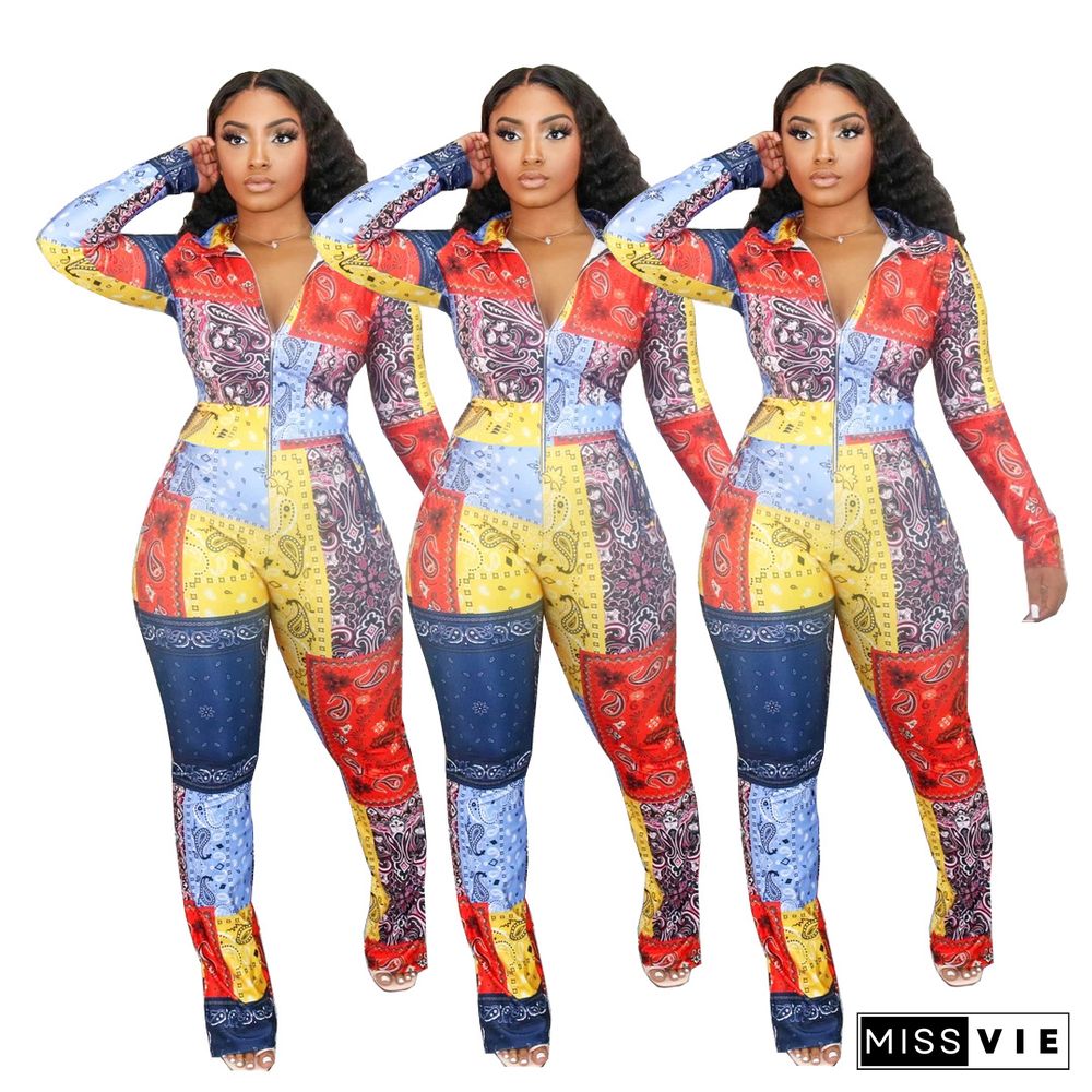 Paisley Printed Casual Long Sleeve Bodycon Jumpsuits